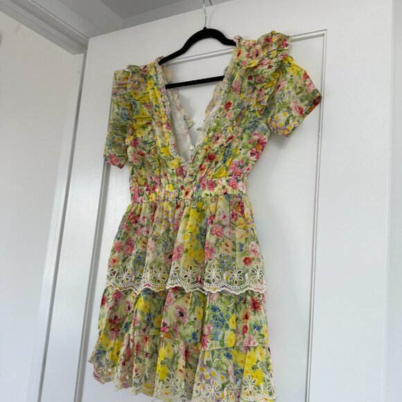 LoveShackFancy Aldina Mini Dress Sz Small Yellow Floral Print Tiered Ruffle - Picture 8 of 9